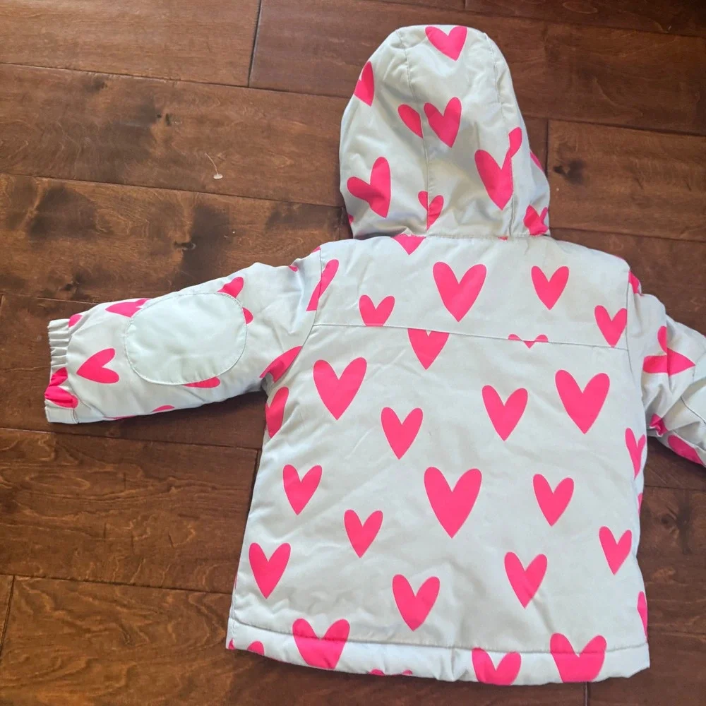 Cat & Jack Toddler Girls Light Blue Pink Heart Puffer Jacket Hooded Coat 18M